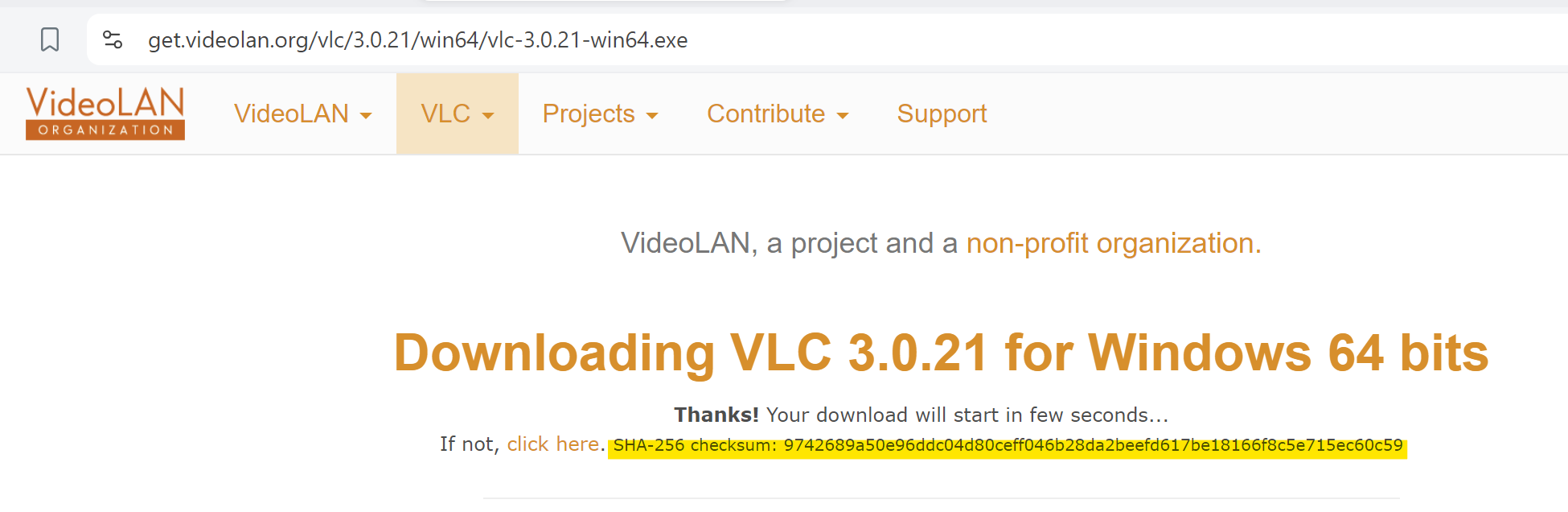 VLC file download checksum example